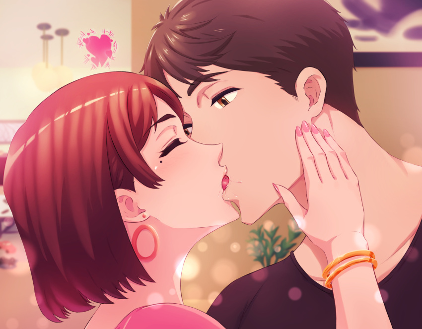 1boy 1girl bangle black_hair black_shirt bracelet brown_hair cheating_(relationship) closed_eyes collarbone earrings french_kiss hand_on_another's_face heart highres indoors jewelry kiss looking_at_another mature_female mole mole_under_eye nail_polish original pink_nails pink_shirt renemu saliva shirt short_hair yellow_eyes