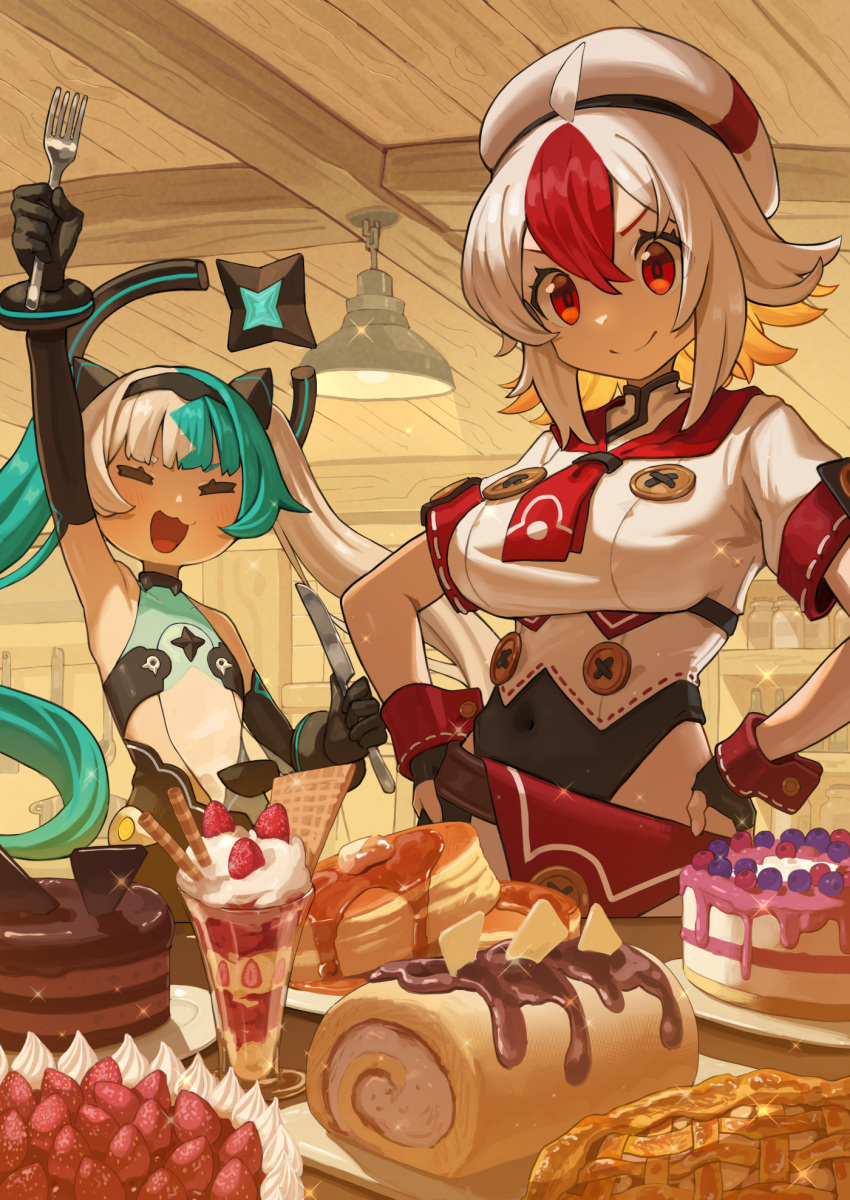 2girls apple_pie aqua_hair arm_up beret black_gloves blush cake chocolate chocolate_cake closed_mouth elbow_gloves fingerless_gloves food fork fruit gloves greentanuki hair_between_eyes hands_on_own_hips hat highres holding holding_fork holding_knife knife long_hair multicolored_hair multiple_girls nina_(moutama) open_mouth original pancake parfait pie red_eyes red_hair shirt short_hair short_sleeves smile strawberry swiss_roll twintails two-tone_hair white_hair white_headwear white_shirt