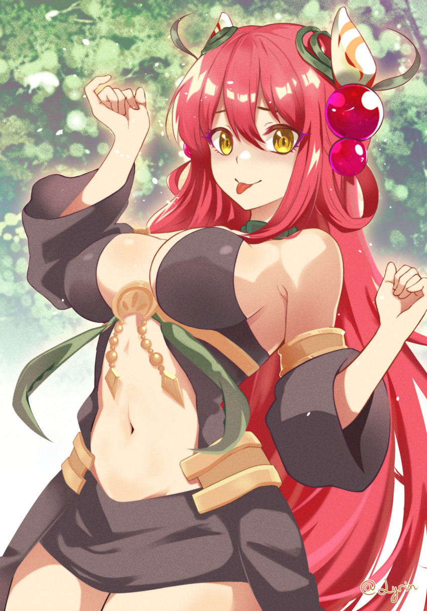 1girl armpit_crease black_dress blush breasts cleavage cowboy_shot detached_sleeves dress duel_monster haireirei highres large_breasts long_hair looking_at_viewer midriff miniskirt navel outdoors red_hair sideboob skirt smile solo strapless tongue tongue_out traptrix_allomerus tree very_long_hair yellow_eyes yu-gi-oh! zettai_ryouiki