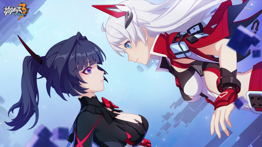 2girls ahoge bangs black_hair blue_eyes breasts cleavage cube eyebrows_hidden_by_hair floating high_ponytail highres honkai_(series) honkai_impact_3rd japanese_clothes kiana_kaslana kiana_kaslana_(valkyrie_ranger) large_breasts logo looking_at_another makeup multiple_girls official_alternate_costume official_art official_wallpaper open_mouth ponytail purple_eyes raiden_mei raiden_mei_(danzai_spectramancer) upper_body white_hair