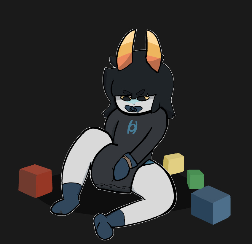 absurd_res alien black_hair blush clothing clowngang diaper footwear hair hi_res homestuck horn humanoid male masturbation_through_clothing ms_paint_adventures onesie pacifier socks solo troll_(homestuck) webcomic