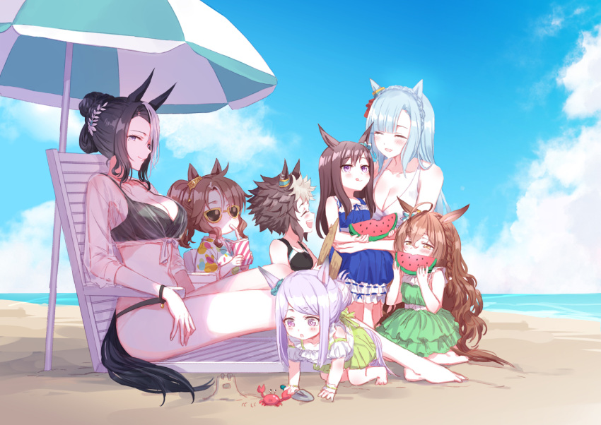 6+girls :o aged_down ahoge all_fours animal_ears bare_shoulders barefoot beach_umbrella bikini black_bikini blue_dress blue_hair blush bracelet braid breasts brown_hair chair cleavage closed_eyes closed_mouth cloud crown_braid cup day disposable_cup dress drinking eating food fruit green_dress hair_bun hair_ornament holding holding_food horizon horse_ears horse_girl horse_tail jewelry large_breasts licking_lips long_hair looking_at_viewer lounge_chair mejiro_ardan_(umamusume) mejiro_bright_(umamusume) mejiro_dober_(umamusume) mejiro_family_(umamusume) mejiro_mcqueen_(umamusume) mejiro_palmer_(umamusume) mejiro_ramonu_(umamusume) mejiro_ryan_(umamusume) multicolored_hair multiple_girls ocean open_mouth outdoors ponytail purple_hair romi_(346_ura) sand sand_castle sand_sculpture see-through see-through_shirt shirt short_hair sideways_glance sitting sitting_on_lap sitting_on_person smile streaked_hair sunglasses swimsuit tail tank_top tied_shirt tongue tongue_out trowel umamusume umbrella watermelon watermelon_slice white_bikini