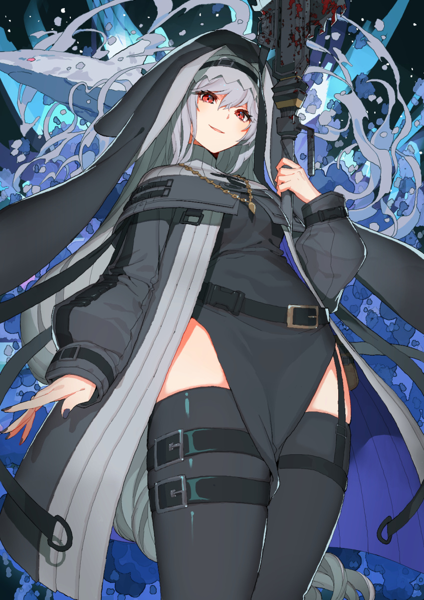 1girl arknights bag belt black_capelet black_dress black_headwear black_nails black_sleeves black_thighhighs black_veil blood breasts capelet circular_saw dress grey_capelet grey_hair habit highres holding holding_weapon jewelry long_hair long_sleeves looking_at_viewer necklace nun open_mouth pelvic_curtain pointy_hat red_eyes saw shark shoulder_strap simple_background skindentation smile solo specter_(arknights) thigh_belt thigh_strap thighhighs thighs veil very_long_hair wakashiyo weapon