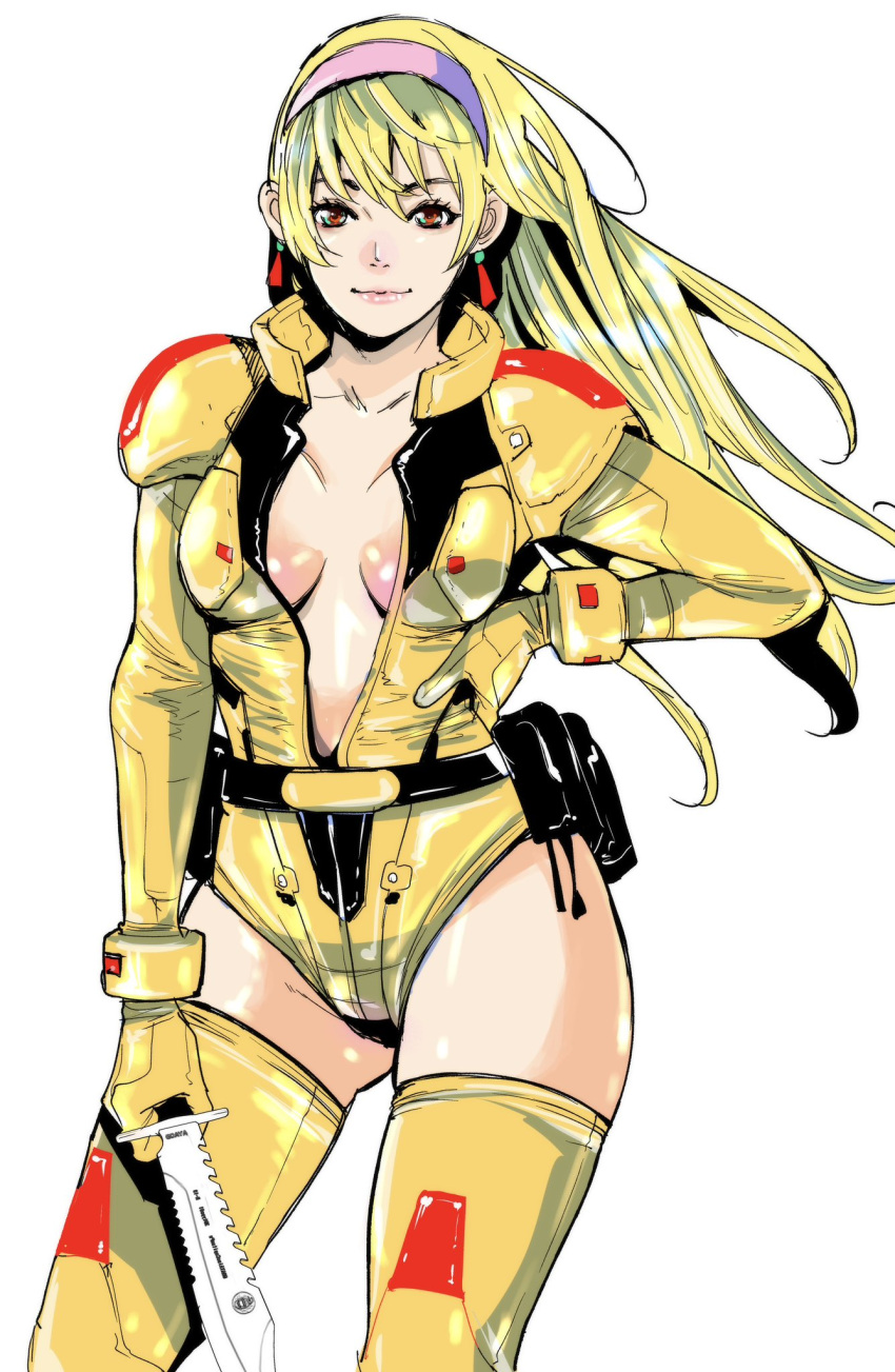 1girl ass_visible_through_thighs breasts brown_eyes collarbone earrings floating_hair gloves gundam hairband highres holding holding_knife jewelry katejina_loos knife leotard long_hair long_sleeves looking_at_viewer medium_breasts pilot_suit purple_hairband smile solo tamakoshi_horiyuki thighhighs victory_gundam yellow_gloves yellow_leotard yellow_thighhighs