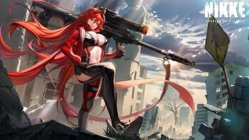1girl abandoned ahoge black_gloves black_jacket black_pants breasts building cleavage cloud cloudy_sky commentary_request cropped_jacket crotch_plate fingerless_gloves floating_hair full_body gloves goddess_of_victory:_nikke grin gun hair_between_eyes hair_intakes hand_on_own_hip highres hip_vent holding holding_gun holding_weapon horns jacket korean_commentary large_breasts leather leather_jacket leather_pants logo long_hair looking_at_viewer mechanical_horns mixed-language_commentary navel official_art open_clothes open_jacket outdoors pants pinkmill post-apocalypse red_hair red_hood_(nikke) red_scarf rifle road_sign rubble ruins scarf sidelocks sign sky smile sniper_rifle solo standing stomach suspenders teeth thigh_pouch unzipped very_long_hair weapon yellow_eyes