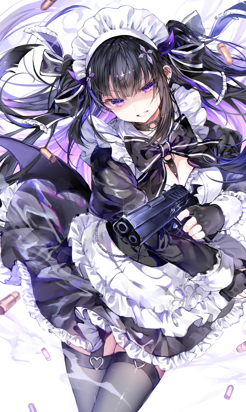 1girl absurdres apron black_dress black_gloves black_hair black_thighhighs breasts bullet cleavage clenched_teeth colored_inner_hair cowgirl_position dress fingerless_gloves frilled_apron frilled_dress frills gloves hair_ornament headdress highres juliet_sleeves long_hair long_sleeves medium_breasts multicolored_hair noyu_(noyu23386566) original puffy_sleeves purple_eyes purple_hair revision shaded_face solo straddling teeth thighhighs white_apron
