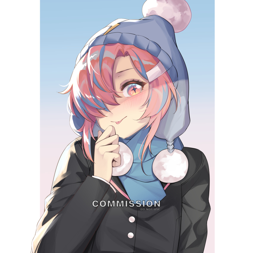 1girl absurdres alte_27 alternate_costume beanie blue_hair blue_scarf blush commission girls'_frontline girls'_frontline_neural_cloud gradient_background hair_over_one_eye hand_to_own_face hat highres jacket looking_at_viewer mai_(girls'_frontline_nc) multicolored_hair pink_eyes pink_hair scarf smile solo star-shaped_pupils star_(symbol) symbol-shaped_pupils tongue tongue_out upper_body
