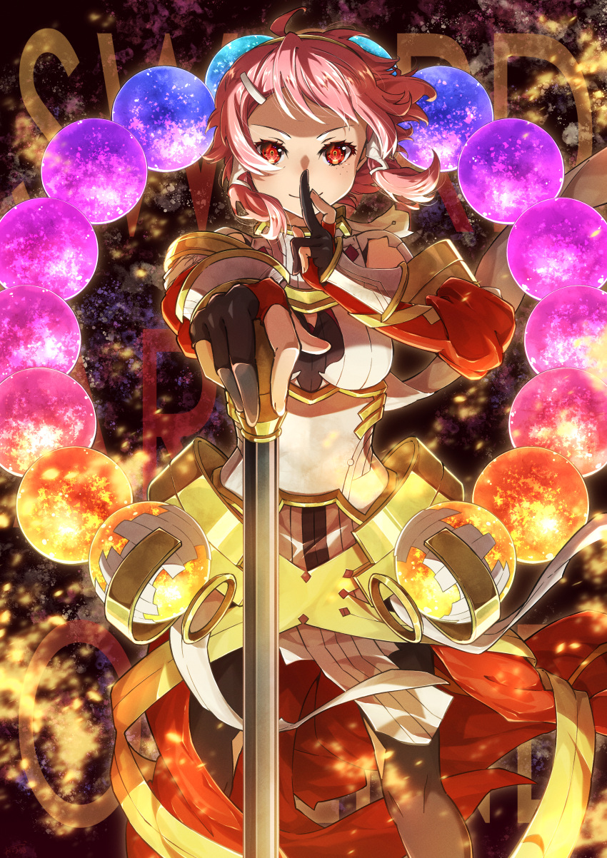 1girl absurdres armor armored_dress breastplate gold_armor hair_ornament hairclip highres holding holding_mace holding_weapon lisbeth_(sao) looking_at_viewer mace oboro_neko red_armor red_eyes red_hair short_hair shoulder_armor sword_art_online sword_art_online:_hollow_fragment vambraces weapon