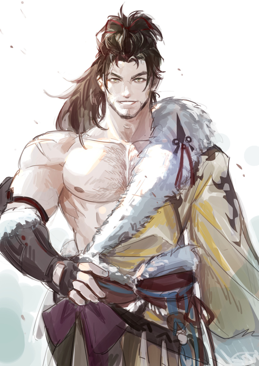 1boy abs absurdres bara bare_pectorals brown_hair character_request chest_hair cowboy_shot crrispy_shark final_fantasy highres large_pectorals looking_at_viewer male_focus mature_male muscular muscular_male nipples pectorals solo straight-on thick_eyebrows unfinished