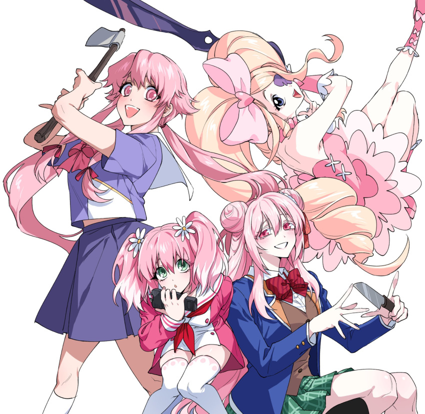 4girls axe bare_back blonde_hair blue_eyes blue_jacket blue_skirt bow double_bun dress drill_hair eyepatch feet_out_of_frame floating flower full_body gasai_yuno green_eyes green_skirt hair_bow hair_bun hair_flower hair_ornament hair_ribbon happy_sugar_life harime_nui highres hiiragi_nana holding holding_axe holding_knife holding_pacifier holding_weapon huge_bow jacket kill_la_kill kneehighs knife long_hair matsuzaka_satou mirai_nikki multiple_girls munou_na_nana neckerchief open_clothes open_jacket open_mouth pacifier pink_bow pink_dress pink_eyes pink_hair pitteoggamja_(cyocyo_1234) plaid plaid_bow plaid_skirt pleated_skirt red_neckerchief red_ribbon ribbon sailor_collar school_uniform scissor_blade_(kill_la_kill) sidelocks simple_background sitting skirt smile socks standing strapless strapless_dress thighhighs twin_drills twintails weapon white_background white_sailor_collar white_socks white_thighhighs