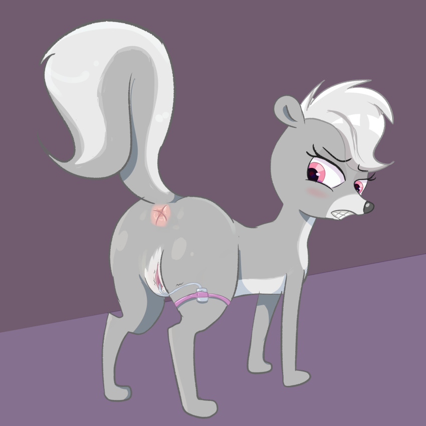 2023 anus blush butt female feral fur genitals grey_body grey_fur hair hasbro hell99999 hi_res littlest_pet_shop littlest_pet_shop_(2012) mammal mephitid pepper_clark pink_eyes pussy raised_tail sex_toy skunk solo standing tail vibrator white_hair