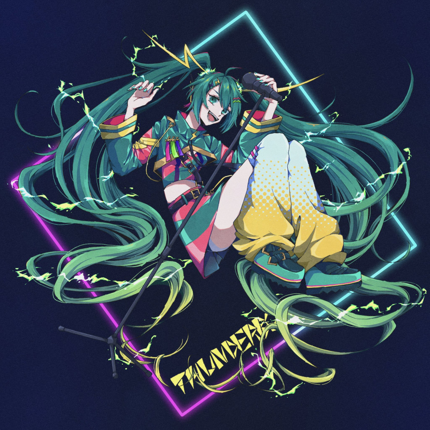 1girl :d absurdly_long_hair aqua_eyes aqua_hair aqua_nails aqua_skirt arms_up black_background commentary domidomi444 electricity english_commentary full_body gradient_hair gradient_legwear green_hair hair_ornament hatsune_miku hatsune_miku_japan_tour_2023_~thunderbolt~ highres holding holding_microphone knees_up leg_warmers lightning_bolt_hair_ornament lightning_bolt_symbol long_hair looking_at_viewer microphone microphone_stand midriff multicolored_hair nail_polish neon_lights official_alternate_costume open_mouth pink_skirt shrug_(clothing) simple_background skirt smile solo two-sided_sleeves very_long_hair vocaloid wavy_hair