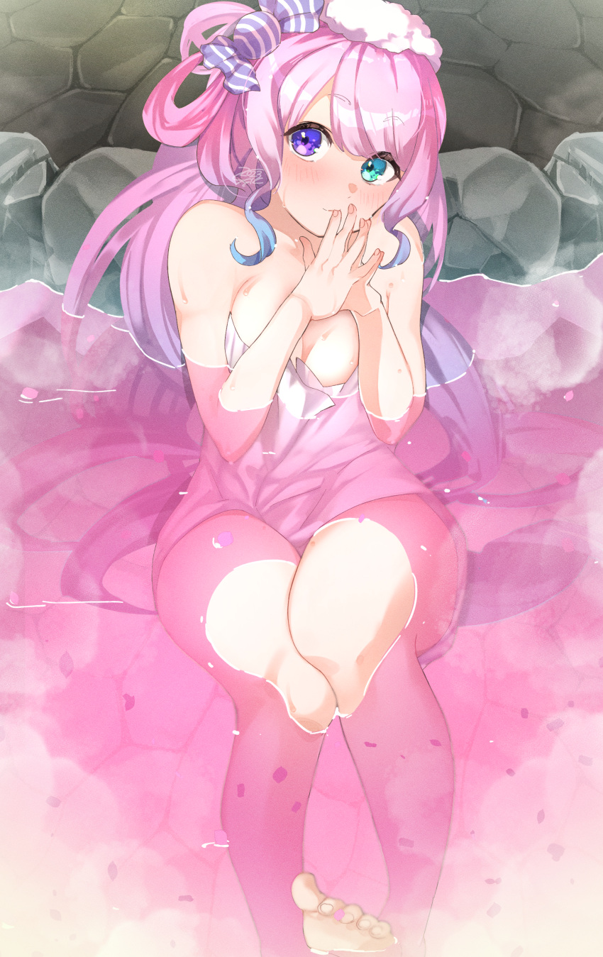 1girl absurdres barefoot blush breasts candy_hair_ornament cleavage closed_mouth collarbone feet fingernails food-themed_hair_ornament gradient_hair green_eyes hair_ornament heterochromia highres himemori_luna hololive legs long_hair looking_at_viewer multicolored_hair naked_towel nyas0123 onsen own_hands_together partially_submerged petals petals_on_liquid pink_hair pink_theme pink_water purple_eyes raised_eyebrows rock signature solo swept_bangs thighs toenails towel virtual_youtuber water wavy_hair white_towel