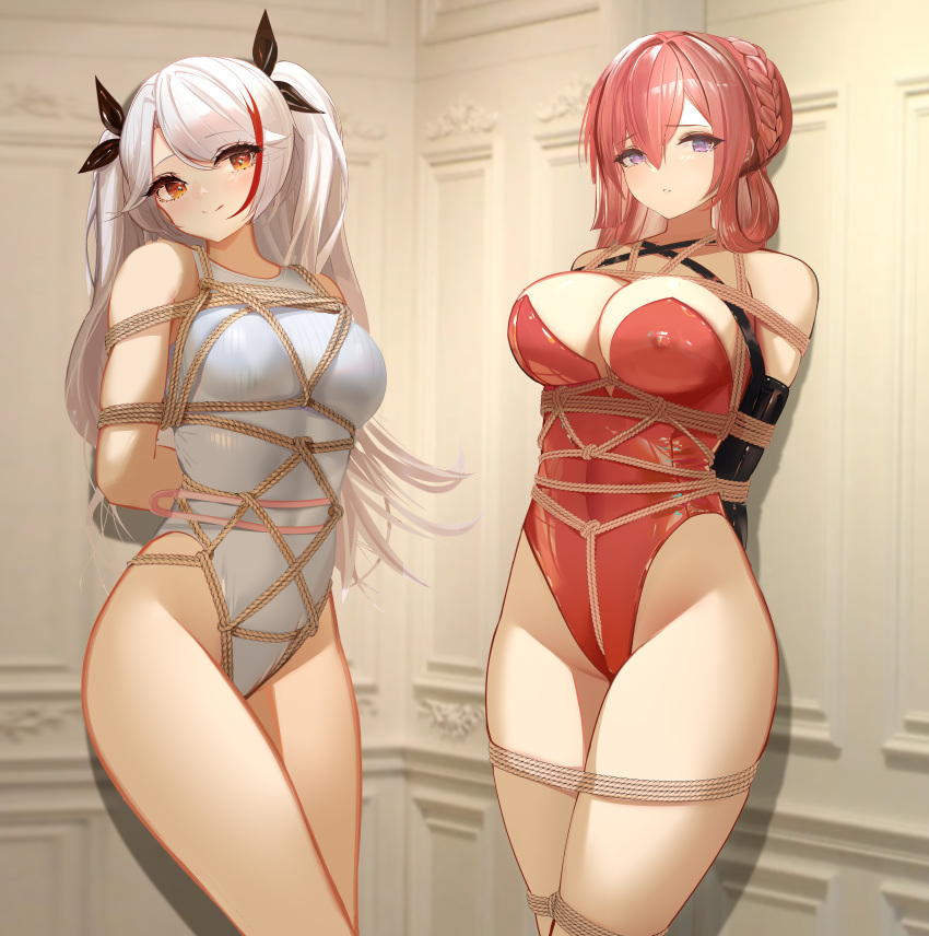 2girls absurdres against_wall alternate_costume armbinder arms_behind_back azur_lane bdsm black_gloves black_ribbon bondage bound box_tie braid breasts cleavage commentary_request covered_nipples crown_braid elbow_gloves gloves hair_between_eyes hair_ribbon highleg highleg_leotard highleg_swimsuit highres indoors large_breasts latex latex_gloves leotard long_hair looking_at_viewer monarch_(azur_lane) monoglove multicolored_hair multiple_girls one-piece_swimsuit orange_eyes prinz_eugen_(azur_lane) purple_eyes red_hair red_leotard revision ribbon rope shibari shibari_over_clothes strapless strapless_leotard streaked_hair swimsuit two-tone_dress white_hair white_one-piece_swimsuit yuuraku_yuraku