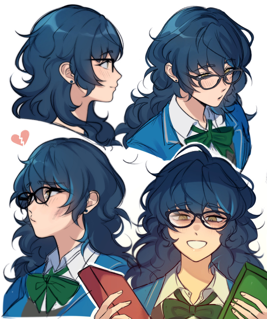 1girl absurdres aoba_tsumugi blazer blue_hair blue_jacket bow broken_heart collared_shirt ensemble_stars! genderswap genderswap_(mtf) glasses green_bow grey_vest highres jacket long_hair lummy_yummy profile school_uniform shirt solo vest wavy_hair white_background white_shirt yellow_eyes yumenosaki_school_uniform