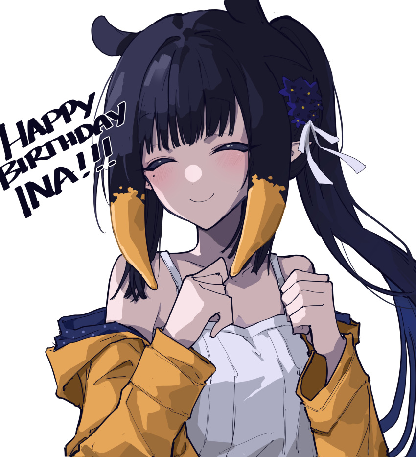 1girl absurdres black_hair blue_coat blunt_bangs blush closed_eyes coat dress english_commentary english_text hair_ribbon happy_birthday highres hololive hololive_english long_hair long_sleeves mentally_deficient mole mole_under_eye multicolored_hair ninomae_ina'nis official_alternate_costume official_alternate_hairstyle orange_hair pointy_ears ponytail raincoat ribbon sidelocks simple_background smile solo spaghetti_strap sundress tentacle_hair two-sided_coat two-tone_coat two-tone_hair upper_body violet_(ninomae_ina'nis) virtual_youtuber white_background white_dress white_ribbon yellow_coat yellow_raincoat