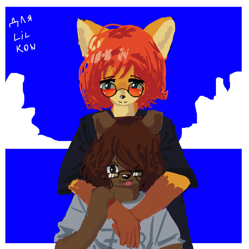 1:1 anthro bear black_clothing black_shirt black_topwear blue_background brown_body brown_fur brown_hair canid canine clothing cloud duo embrace eyewear female female/female fox fur glasses hair hand_holding hi_res hug illutrator looking_at_another looking_at_viewer mammal red_eyewear red_glasses red_hair shima_(volaworld) shirt simple_background teenager tongue tongue_out topwear white_clothing white_shirt white_topwear yellow_body yellow_fur young