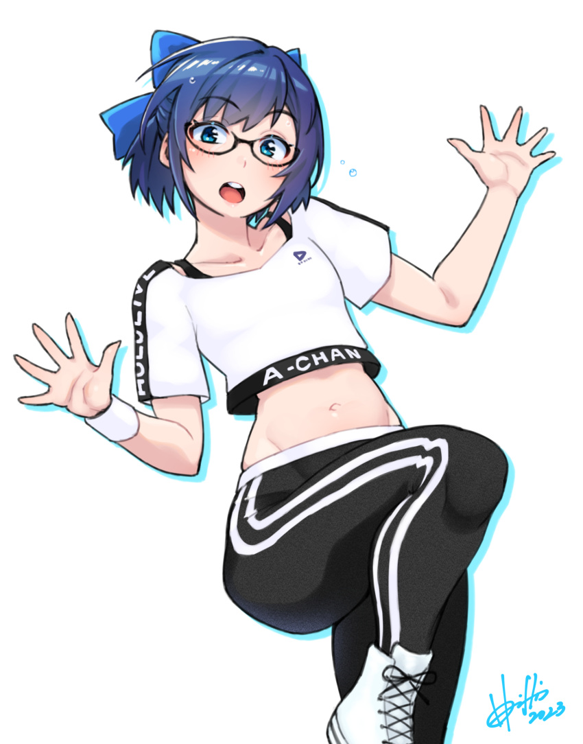 1girl a-chan_(hololive) black-framed_eyewear black_bra black_pants blue_bow blue_eyes blue_hair blush bow bra bra_strap breasts character_name clothes_writing commentary copyright_name cropped_shirt cross-laced_footwear dated drop_shadow foot_out_of_frame glasses hair_bow highres hololive hololive_dance_practice_uniform hori_shin looking_at_viewer navel official_alternate_costume open_hands open_mouth outstretched_arms pants semi-rimless_eyewear shirt shoes short_hair signature simple_background small_breasts solo standing standing_on_one_leg stomach sweatband teeth underwear upper_teeth_only virtual_youtuber white_background white_footwear white_shirt yoga_pants