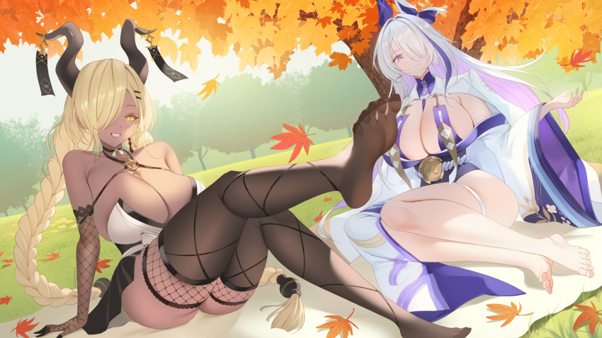 2girls absurdres asymmetrical_bangs azur_lane bare_shoulders barefoot black_horns braid breasts brown_horns cardigan choker cleavage dark-skinned_female dark_skin fishnet_gloves fishnets gloves hair_over_one_eye highres horn_ornament horns huge_breasts japanese_clothes large_breasts large_horns long_bangs long_hair long_sleeves looking_at_viewer low_twin_braids mattress mole multicolored_hair multiple_girls one_eye_covered outdoors owari_(azur_lane) presenting_foot purple_eyes ribbed_cardigan sitting soles spread_toes strapless_kimono streaked_hair thighs toes twin_braids unzen_(azur_lane) very_long_hair white_hair yellow_eyes zzo_(chorizzzzo)
