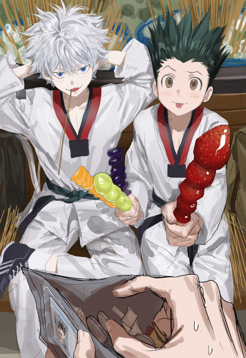 3boys :3 absurdres arms_behind_back black_hair blue_eyes brown_eyes candied_fruit chamuring child coin dougi fangs fangs_out food gon_freecss highres holding holding_food holding_wallet hunter_x_hunter id_card killua_zoldyck leorio_paladiknight looking_at_another male_focus martial_arts_belt multiple_boys out_of_frame pants shoes short_hair sitting sneakers spiked_hair tongue tongue_out wallet white_hair white_pants
