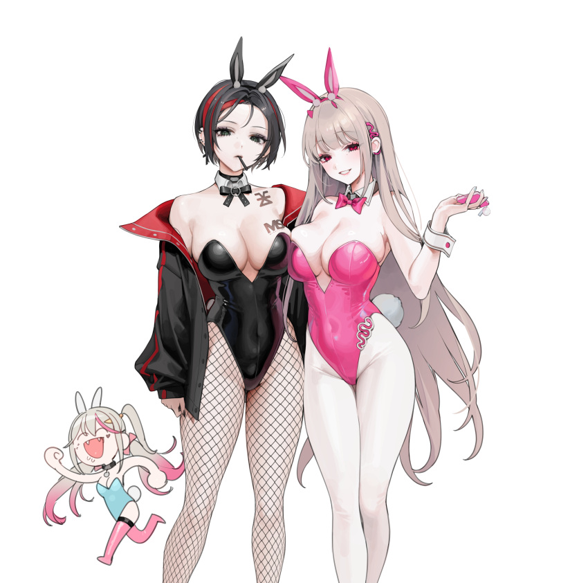 3girls absurdres animal_ears aqua_leotard bare_arms bare_shoulders black_eyes black_hair black_jacket black_leotard bow bowtie breasts cleavage commentary_request crow_(nikke) detached_collar fake_animal_ears fake_tail feet_out_of_frame fishnet_pantyhose fishnets goddess_of_victory:_nikke gradient_hair grey_hair hand_up highleg highleg_leotard highres holding jackal_(nikke) jacket large_breasts leotard long_hair long_sleeves looking_at_viewer multicolored_hair multiple_girls ohisashiburi open_clothes open_jacket open_mouth pantyhose parted_lips partial_commentary pink_bow pink_bowtie pink_eyes pink_leotard pink_thighhighs playboy_bunny rabbit_ears rabbit_tail red_hair short_hair smile standing streaked_hair tail thighhighs thighs viper_(nikke) viper_(toxic_rabbit)_(nikke) white_pantyhose wrist_cuffs