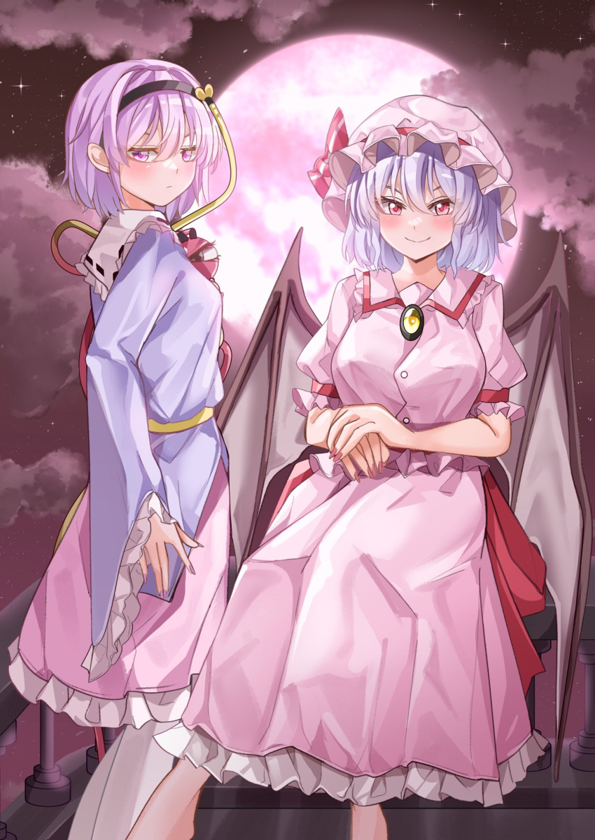 2girls bat_wings black_hairband blouse breasts brooch buttons closed_mouth cloud cloudy_sky collared_shirt feet_out_of_frame frilled_shirt frilled_shirt_collar frilled_skirt frilled_sleeves frills from_side full_moon hair_between_eyes hairband hat hat_ribbon highres jewelry komeiji_satori large_wings light_smile long_sleeves looking_at_viewer looking_to_the_side maboroshi_mochi medium_breasts medium_hair mob_cap moon multiple_girls nail_polish night night_sky outdoors own_hands_together pantyhose pink_eyes pink_hair pink_headwear pink_nails pink_shirt pink_skirt puffy_short_sleeves puffy_sleeves purple_hair purple_nails purple_shirt red_eyes red_moon red_ribbon remilia_scarlet ribbon ribbon-trimmed_headwear ribbon_trim shirt short_hair short_sleeves sitting skirt skirt_set sky sleeve_ribbon standing star_(sky) starry_sky third_eye touhou v-shaped_eyebrows white_pantyhose wide_sleeves wings yellow_brooch