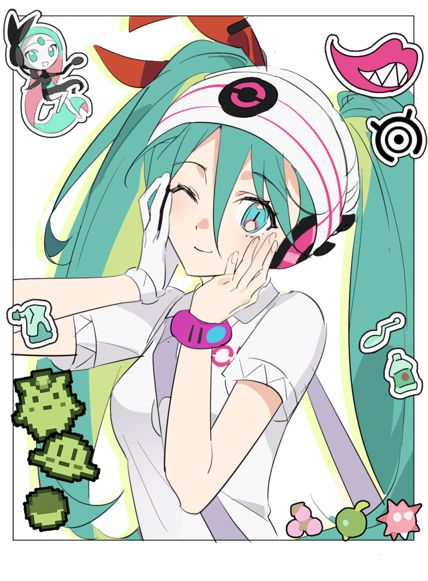 1girl bag blue_hair breasts closed_mouth ershuihe gloves hair_between_eyes hands_on_own_cheeks hands_on_own_face hatsune_miku headphones highres long_hair meloetta meloetta_(aria) one_eye_closed pokemon project_voltage psychic_miku_(project_voltage) shirt short_sleeves single_glove sticker twintails upper_body very_long_hair vocaloid white_gloves white_shirt