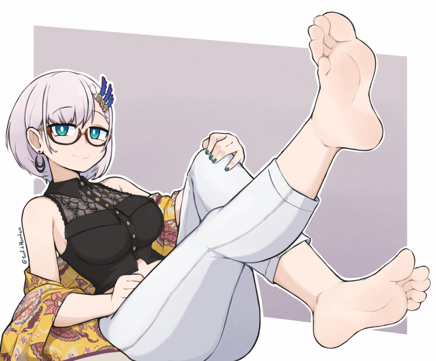 1girl art_trade artist_name bare_shoulders barefoot black_shirt blue_eyes blue_nails breasts bright_pupils closed_mouth earrings feet foot_focus glasses highres hololive hololive_indonesia jewelry lace legs looking_at_viewer off_shoulder official_alternate_costume official_alternate_hair_length official_alternate_hairstyle pants pavolia_reine pavolia_reine_(2nd_costume) print_shawl shawl shirt short_hair simple_background sleeveless sleeveless_shirt softhanten soles solo toes virtual_youtuber white_hair white_pants white_pupils yellow_shawl