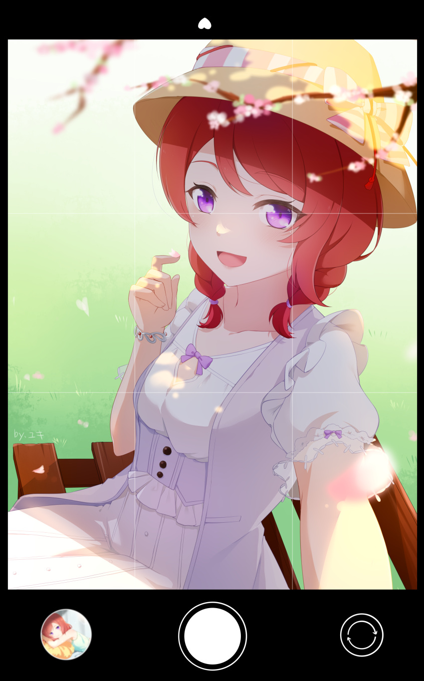 1girl absurdres bench bracelet braid cherry_blossoms commentary_request dress hand_up highres jewelry looking_at_viewer love_live! love_live!_school_idol_project medium_hair nishikino_maki open_mouth puffy_short_sleeves puffy_sleeves purple_eyes red_hair selfie short_sleeves sitting smile solo twin_braids white_dress yuki_(rfi5607)