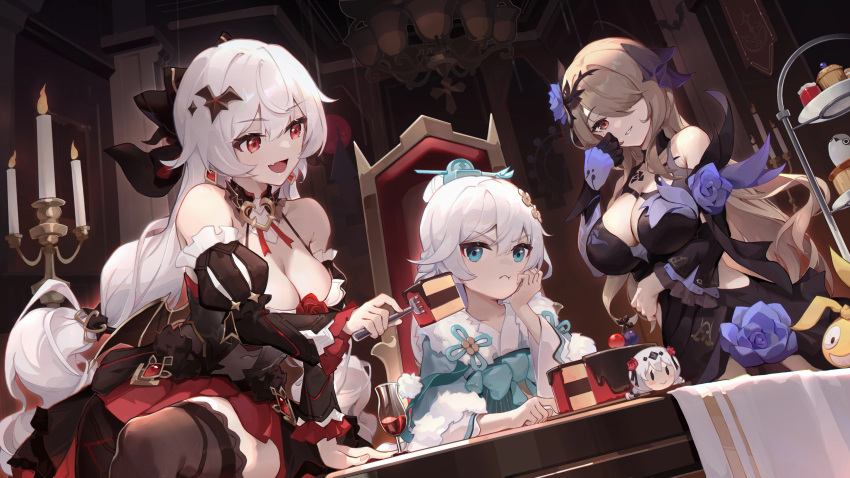 3girls :d absurdres asc11 bare_shoulders bat_hair_ornament black_dress blue_eyes breasts brown_hair cake cake_slice candle chinese_commentary cleavage closed_mouth commentary commentary_request dress flower food fork hair_ornament hair_over_one_eye highres holding holding_fork homu_(honkai_impact) honkai_(series) honkai_impact_3rd indoors large_breasts long_hair long_sleeves luna_(honkai_impact) multiple_girls open_mouth purple_eyes red_eyes rita_rossweisse rita_rossweisse_(fallen_rosemary) second-party_source sitting smile table theresa_apocalypse theresa_apocalypse_(luna_kindred) theresa_apocalypse_(lunar_vow:_crimson_love) theresa_apocalypse_(starlit_astrologos) thighhighs white_hair zhuge_kongming_(honkai_impact)