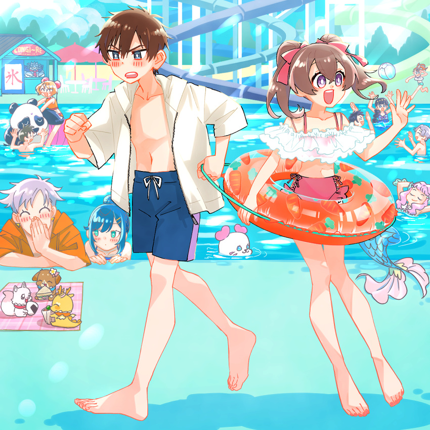 5boys 6+girls :d ^_^ alternate_hairstyle arms_up ball barefoot beachball bikini blonde_hair blue_eyes blue_swim_trunks blunt_bangs blush bright_pupils brother_and_sister brothers brown_hair bun_cover carrot_print chongire closed_eyes closed_mouth commentary day delicious_party_precure double_bun earrings food_print frilled_bikini frills frown fuwa_kokone grey_hair hair_bun hair_ornament hairclip hanamichi_ran highres holding holding_innertube innertube jewelry kasai_amane kome-kome_(precure) kururun_(precure) laura_la_mer long_hair long_sleeves looking_at_another looking_back medium_hair mem-mem_(precure) mermaid monster_girl monster_rally multiple_boys multiple_girls nagomi_yui natsuumi_manatsu navel off-shoulder_shirt off_shoulder open_clothes open_mouth open_shirt orange_shirt outdoors pam-pam_(precure) panda pool precure purple_eyes purple_hair red_bikini rosemary_(precure) running series_connection shinada_takumi shirt short_hair siblings side_ponytail smile sunlight swimming swimsuit tropical-rouge!_precure twintails water_slide waving white_pupils white_shirt