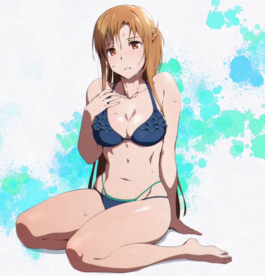 1girl absurdres arm_support asuna_(sao) bare_arms bare_legs bare_shoulders barefoot bikini blue_bikini blush braid breasts brown_eyes brown_hair cleavage collarbone commentary_request frilled_bikini frills hand_on_own_chest hand_up highres long_hair long_legs looking_at_viewer medium_breasts navel parted_lips puge sitting solo stomach swimsuit sword_art_online thighs very_long_hair wet