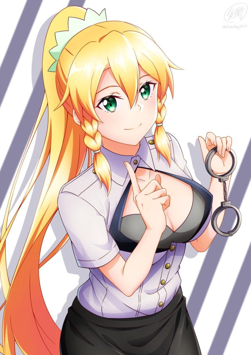 1girl alternate_costume black_skirt blonde_hair bra braid breasts buttons cleavage cleavage_cutout closed_mouth clothing_cutout collarbone collared_shirt commentary_request costume_request cowboy_shot cuffs fairy_(sao) gesture_request green_eyes grey_bra hair_between_eyes hair_ornament handcuffs high_collar high_ponytail highres holding holding_handcuffs ken-ji leafa light_smile long_hair looking_at_viewer medium_breasts ponytail shadow shirt shirt_tucked_in short_sleeves sidelocks signature skirt solo sword_art_online twin_braids twitter_username underwear very_long_hair white_background white_shirt