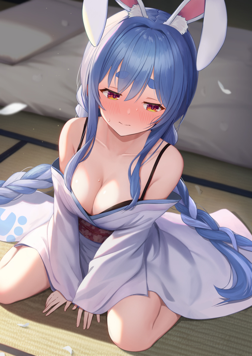 1girl alternate_breast_size animal_ear_fluff animal_ears bare_shoulders black_bra blue_hair blush bra braid breasts cleavage closed_mouth extra_ears highres hololive indoors japanese_clothes kimono large_breasts long_hair looking_away multicolored_hair obi off_shoulder rabbit_ears rabbit_girl red_eyes sash sitting solo streaked_hair tataki_worker thick_eyebrows twin_braids underwear usada_pekora v_arms very_long_hair virtual_youtuber wariza white_hair white_kimono