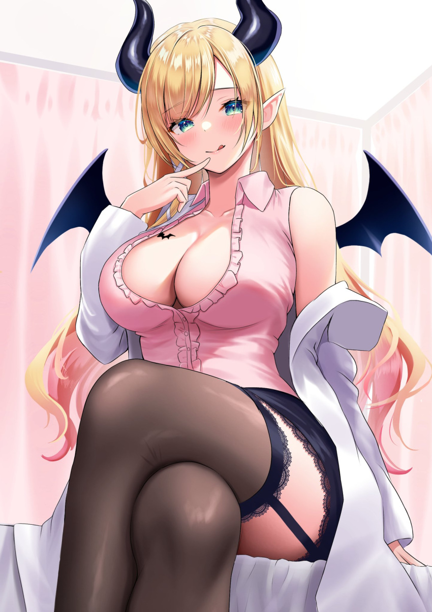 1girl black_horns blonde_hair blue_eyes breast_tattoo breasts cleavage cleavage_cutout clothing_cutout cross-laced_clothes cross-laced_legwear crossed_legs demon_girl demon_horns finger_to_mouth highres hololive horns kotone_neruneru lab_coat large_breasts licking_lips long_hair looking_at_viewer pointy_ears skirt solo tattoo thighhighs tongue tongue_out virtual_youtuber winged_heart wings yuzuki_choco