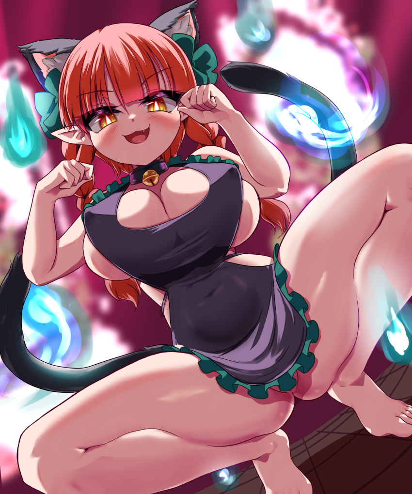 1girl :3 :d animal_ears apron barefoot bell black_apron black_dress blunt_bangs bottomless bow braid breasts cat_ears cat_girl cat_tail clenched_hands clothing_cutout collar commentary commission covered_navel dress english_commentary extra_ears fire full_body green_bow hair_bow highres hitodama huge_breasts kaenbyou_rin long_hair looking_at_viewer mud_(artist) multiple_tails naked_apron neck_bell nekomata open_mouth pointy_ears red_eyes red_hair side_braids smile solo squatting tail touhou twin_braids two_tails variant_set