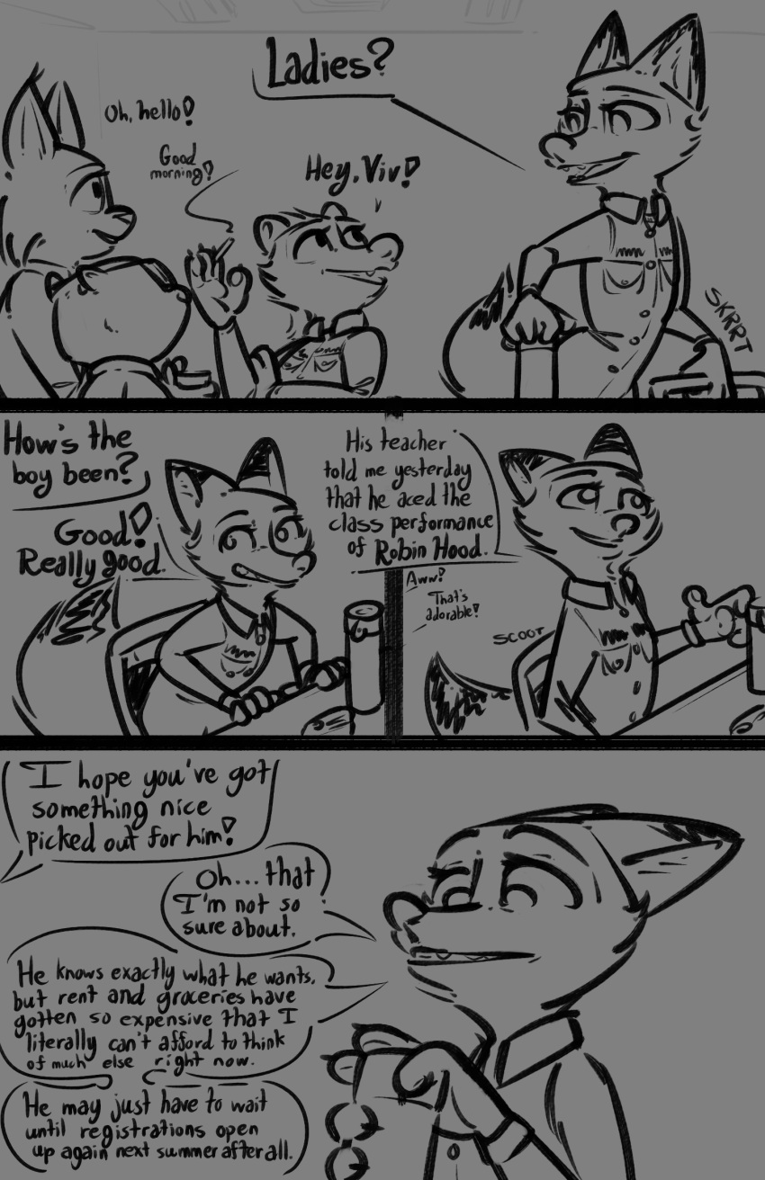 2022 anthro canid canine chair cigarette clothing comic dialogue disney felid feline female fox furniture group hi_res lynx mammal mephitid monochrome mrs._wilde mustelid otter red_fox simple_background skunk speech_bubble table tangerine_(artist) uniform zootopia