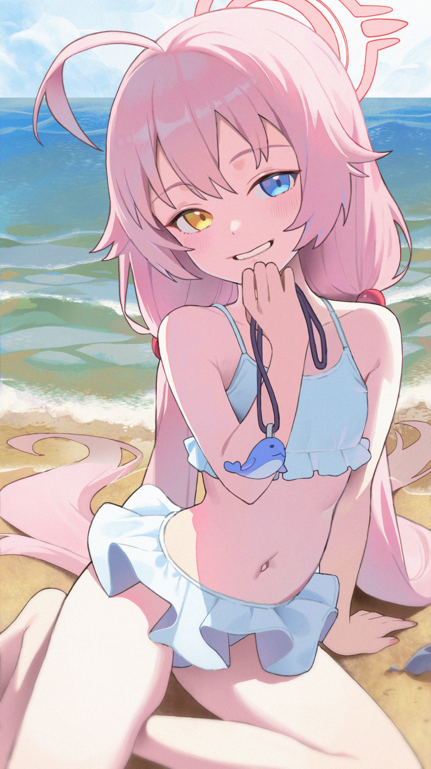 1girl absurdres ahoge arm_support beach bikini blue_archive blue_eyes frilled_bikini frills hair_between_eyes hair_bobbles hair_ornament halo heterochromia highres hoshino_(blue_archive) hoshino_(swimsuit)_(blue_archive) long_hair looking_at_viewer merong_(sou47897) on_ground pink_hair pink_halo sitting smile swimsuit very_long_hair white_bikini yellow_eyes