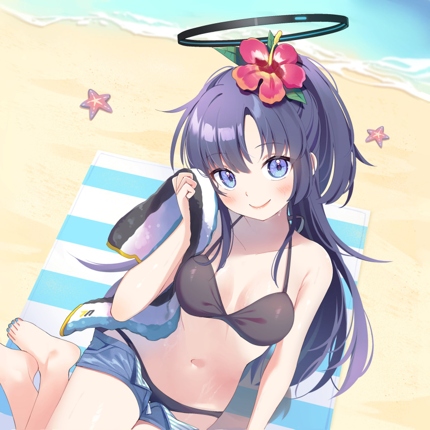 1girl absurdres alternate_costume bare_shoulders beach beach_towel bikini black_bikini blue_archive blue_eyes blush breasts breasts_apart closed_mouth day flower hair_flower hair_ornament halo halterneck hibiscus highres holding holding_towel kurape_(pat1na) looking_at_viewer micro_shorts navel outdoors ponytail purple_hair shorts sitting small_breasts smile solo starfish swimsuit towel water wet yokozuwari yuuka_(blue_archive)