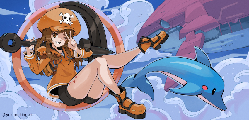 1girl absurdres anchor bike_shorts black_gloves brown_eyes brown_hair cabbie_hat dolphin fingerless_gloves gloves guilty_gear guilty_gear_strive hat hat_ornament highres holding holding_anchor hood hoodie long_hair long_sleeves looking_at_viewer may_(guilty_gear) one_eye_closed orange_footwear orange_headwear orange_hoodie orange_shirt shirt skull_and_crossbones skull_hat_ornament smile v yukimakingart