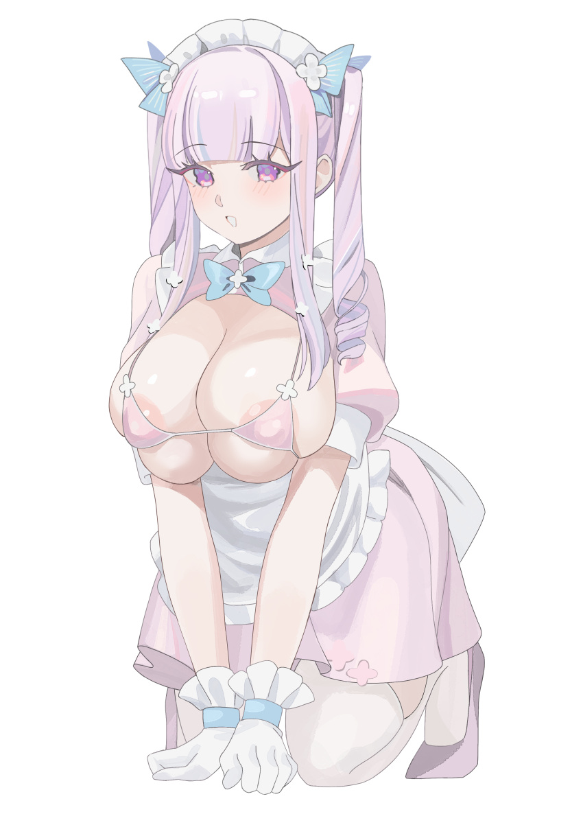 1girl absurdres apron areola_slip azur_lane blunt_bangs blush breasts dress gloves highres huge_breasts kneeling large_areolae long_hair looking_at_viewer maid maid_apron maid_headdress plymouth_(azur_lane) puffy_short_sleeves puffy_sleeves purple_eyes purple_hair short_sleeves solo thighhighs tnr_(horiko1525)