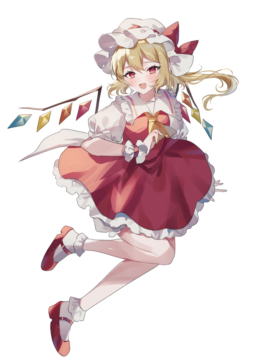 1girl absurdres blonde_hair bow flandre_scarlet hat highres looking_at_viewer mob_cap rainbow_wings red_bow red_eyes red_shirt red_skirt shirt short_hair short_sleeves skirt smile solo sorani_(kaeru0768) touhou white_background white_headwear