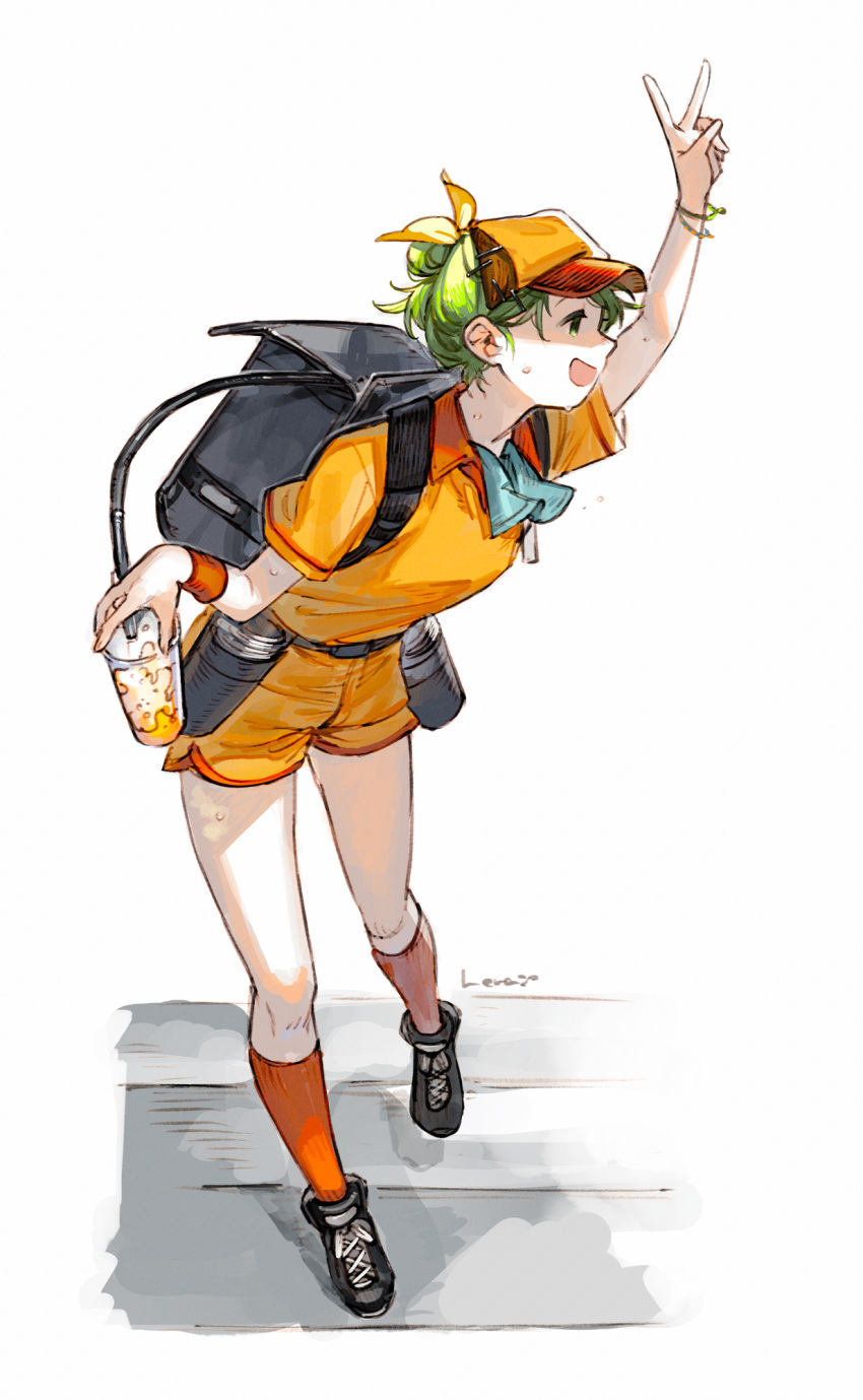 1girl :d alcohol arm_up ascot backpack bag baseball_cap beer beer_keg beer_tap belt blue_ascot box bracelet collared_shirt cup cup_holder disposable_cup drink full_body green_hair hair_bun hat herayoshi highres holding holding_cup jewelry kiki_(herayoshi) kneehighs leaning_forward looking_to_the_side orange_headwear orange_shirt orange_shorts orange_socks original pouring profile shirt short_hair shorts single_hair_bun smile socks solo sweat updo uriko_(baseball) v white_background wristband