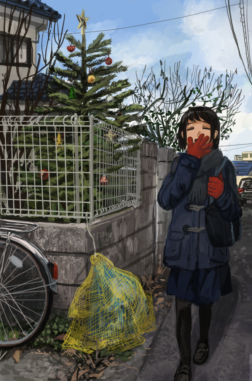 1girl absurdres bag bare_tree bicycle black_hair black_pantyhose blue_coat blue_skirt blue_sky building christmas_ornaments christmas_tree closed_eyes cloud coat gloves grey_scarf hand_up highres house minahamu morning open_mouth original outdoors pantyhose power_lines red_gloves scarf school_bag short_hair skirt sky solo tree urban yawning