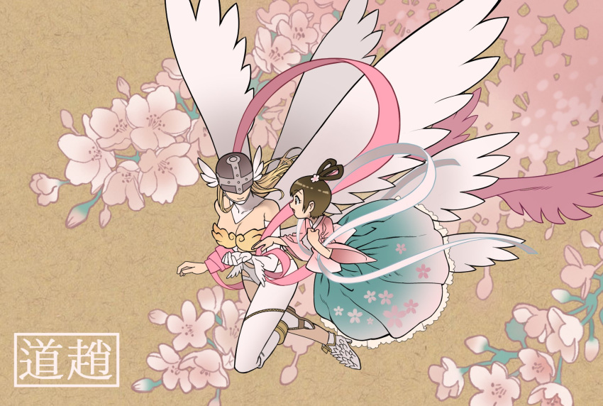 2girls angel angel_wings angewomon blonde_hair brown_background brown_hair cherry_blossoms covered_eyes digimon digimon_(creature) dress flower gradient_dress green_dress head_wings helmet helmet_over_eyes highres japanese_clothes long_hair mask multiple_girls pink_flower pink_shirt roseepdl2 shirt simple_background translation_request white_dress white_wings wings yagami_hikari