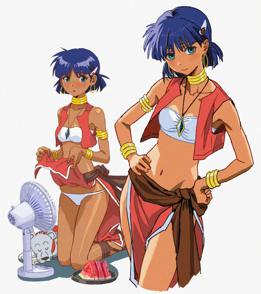 1girl absurdres blue_eyes blue_hair bra breasts clothes_lift dark-skinned_female dark_skin electric_fan english_commentary food fruit fushigi_no_umi_no_nadia hands_on_own_hips highres lifted_by_self looking_at_viewer multiple_views nadia_la_arwall panties red_skirt shiren_(ourboy83) skirt skirt_lift small_breasts smile solo underwear watermelon watermelon_slice white_background white_bra white_panties