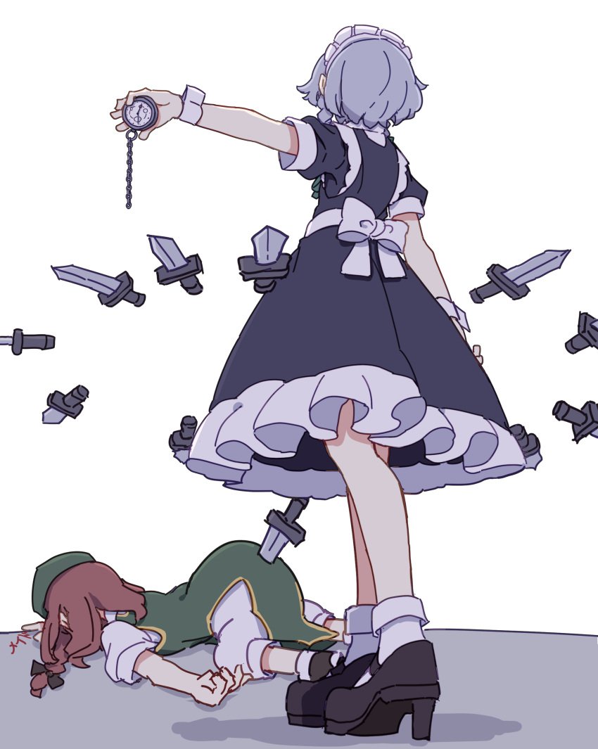 2girls absurdres black_footwear blue_dress braid chinese_clothes dress dying_message green_dress green_headwear grey_hair hat high_heels highres holding hong_meiling izayoi_sakuya kame_(kamepan44231) knife long_hair maid maid_headdress multiple_girls red_hair short_hair short_sleeves simple_background socks standing touhou twin_braids watch white_background white_socks wrist_cuffs