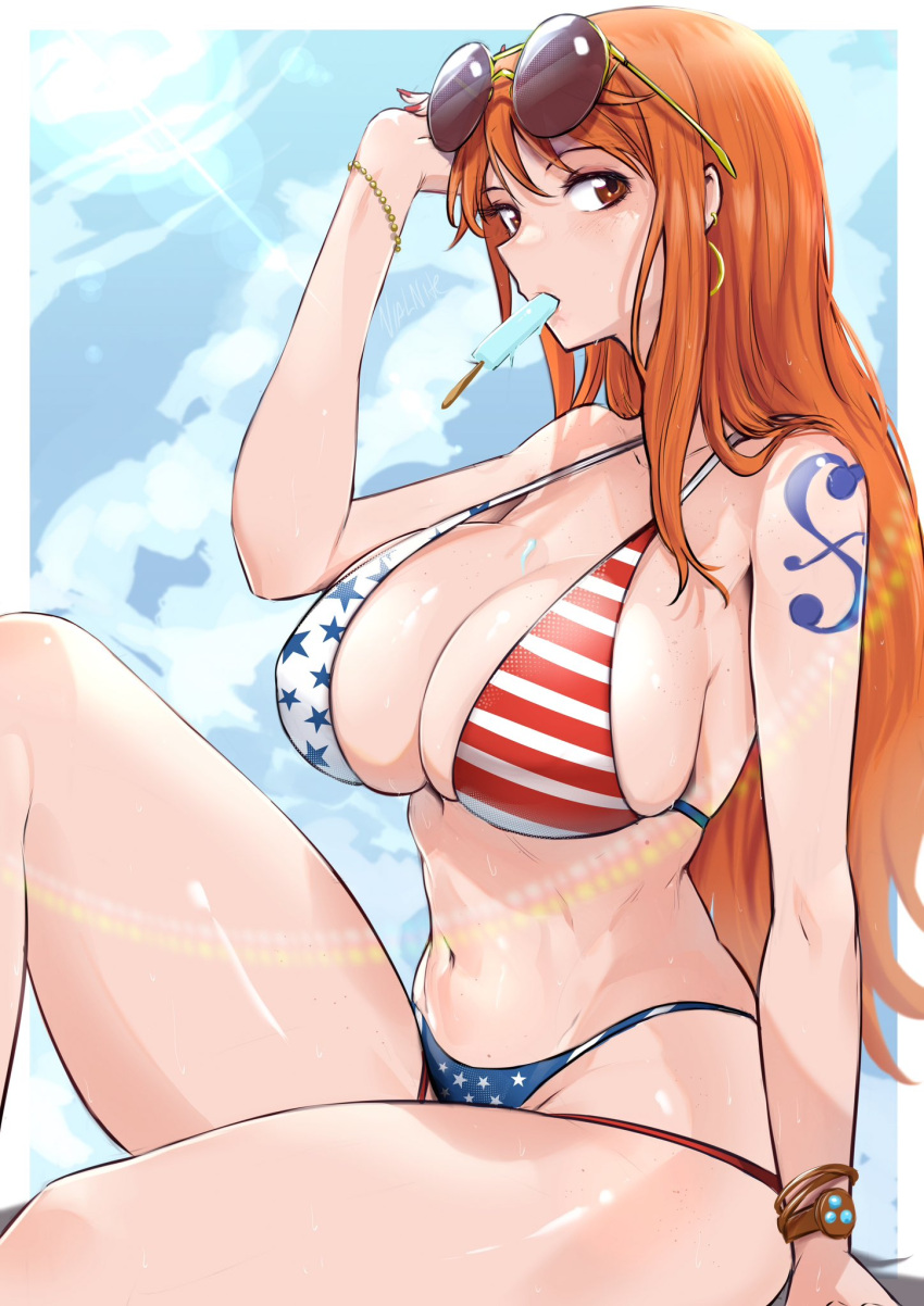 1girl adjusting_eyewear alternate_costume american_flag_bikini bangle bare_shoulders bikini blue_sky border bracelet breasts brown_eyes cleavage cloud cloudy_sky collarbone commentary earrings english_commentary eyewear_on_head flag_print food food_in_mouth from_side hair_between_eyes halterneck hand_up highres jewelry knee_up large_breasts log_pose long_hair looking_at_viewer nami_(one_piece) navel one_piece orange_hair outdoors outside_border popsicle popsicle_in_mouth shoulder_tattoo sitting sky solo stomach sunglasses sunlight swimsuit tattoo thick_thighs thighs vialnite white_border