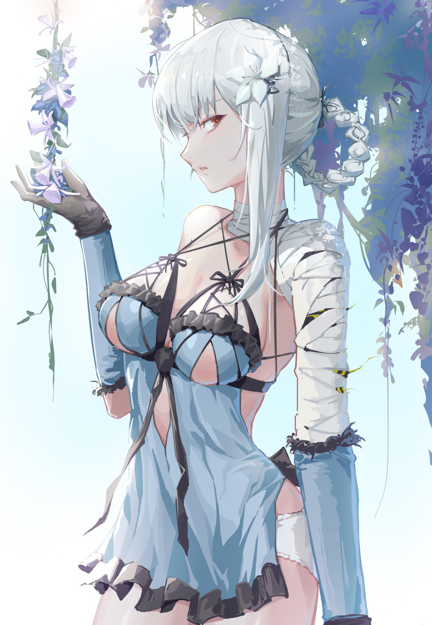 1girl absurdres bandaged_arm bandaged_neck bandages black_gloves braided_hair_rings breasts cleavage clothing_cutout cowboy_shot elbow_gloves flower flower_request frills from_side gloves hair_flower hair_ornament highres jitome kaine_(nier) leaf lingerie lips looking_at_viewer lunar_tear medium_breasts navel_cutout negligee nier nier_(series) orange_eyes panties parted_lips piao_miao profile purple_flower revealing_clothes single_bare_shoulder single_hair_ring single_sidelock solo underwear white_panties