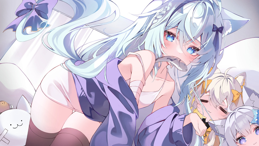 1boy 2others :3 =_= absurdres animal_ears bandaged_arm bandages black_thighhighs blue_eyes blue_hair braid camisole cardigan commission fang fish fish_in_mouth fox_boy fox_ears fox_tail highres incredibly_absurdres indie_virtual_youtuber light_blue_hair long_hair long_sleeves looking_at_viewer mouth_hold multiple_others non-web_source off_shoulder open_cardigan open_clothes otoko_no_ko paw_pose rucie_(vtuber) skin_fang tail thighhighs verslll white_camisole white_hair x_x